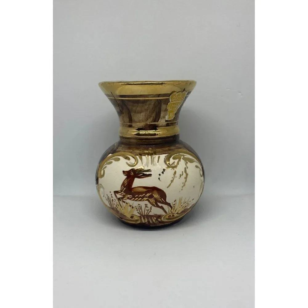 Vintage H Bequet Brown Stag Deer Hand Painted Porcelain Vase Belgium
